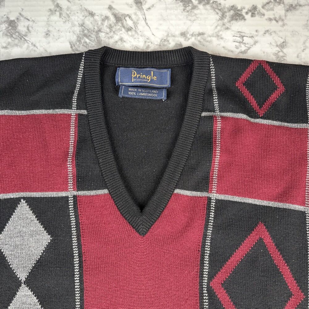 Pringle of Scotland Mens V-Neck Sweater Size L Black Red Grey Lambswool Argyle - Picture 2 of 6